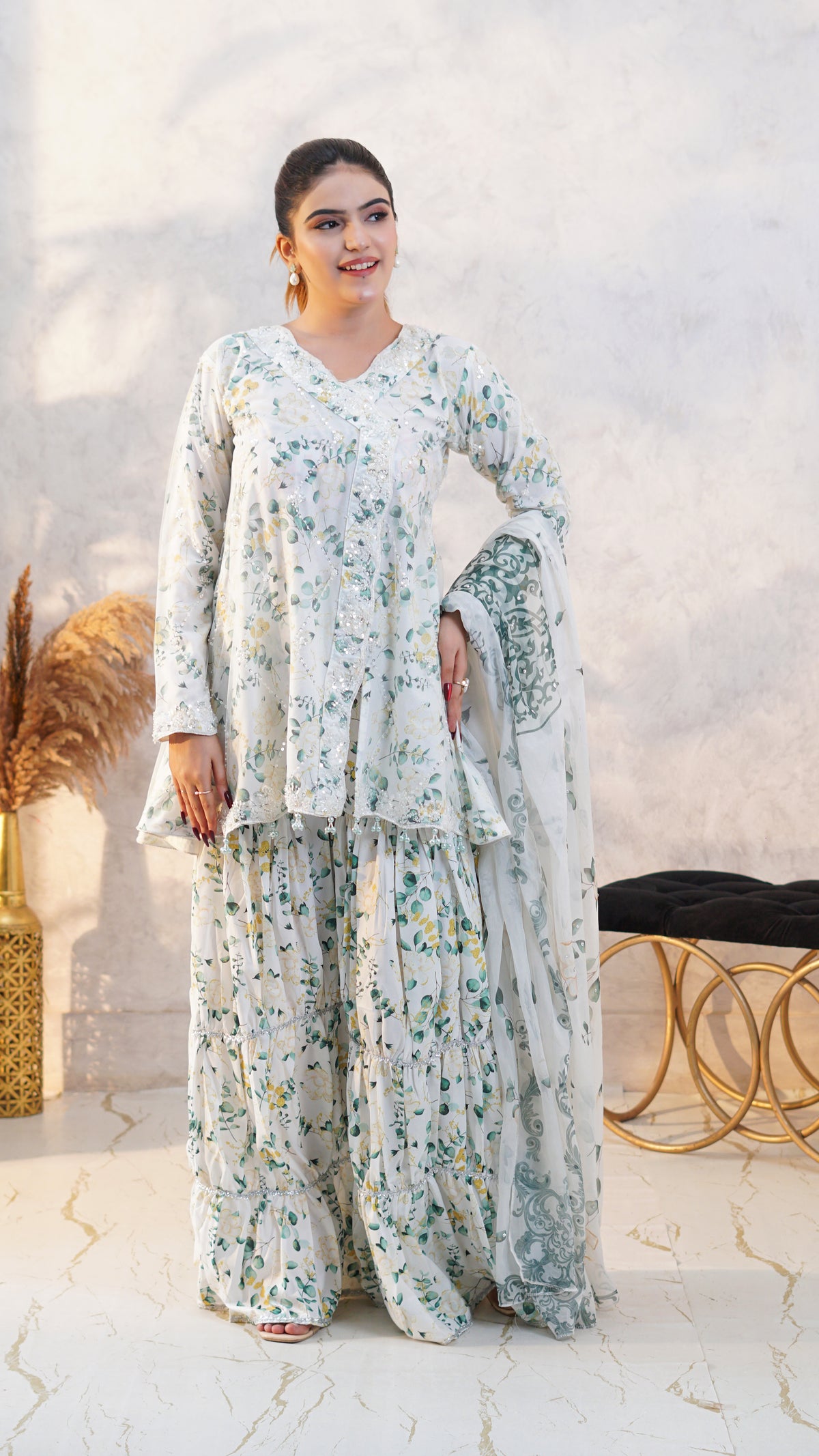 Mehfil-e-Noor luxury Angrakha frock ensemble with cut daana embroidery and silk dupatta