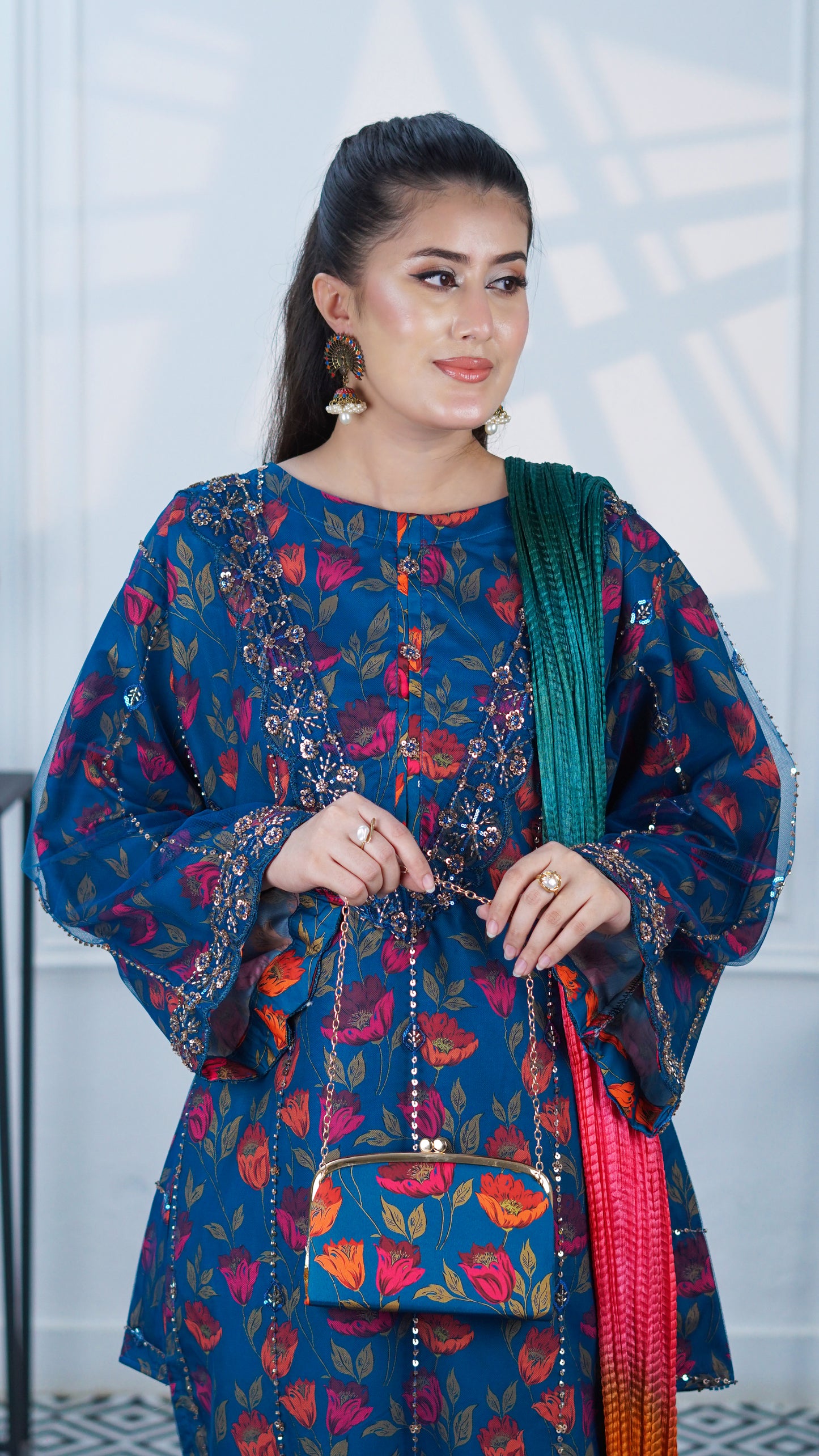 Noor-e-Daana digital printed crepe kurta with intricate cut daana embroidery