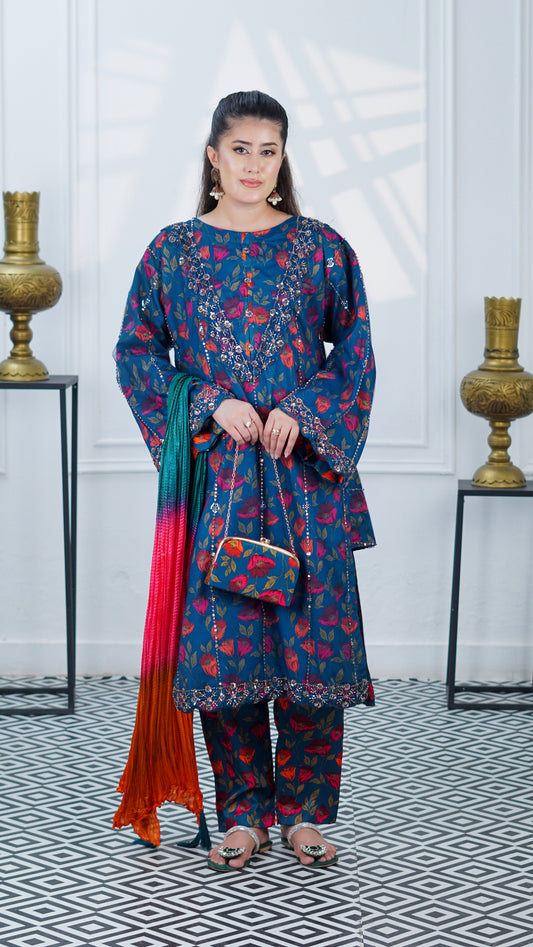Noor-e-Daana luxury embroidered crepe ensemble with multi-silk dupatta and handmade clutch