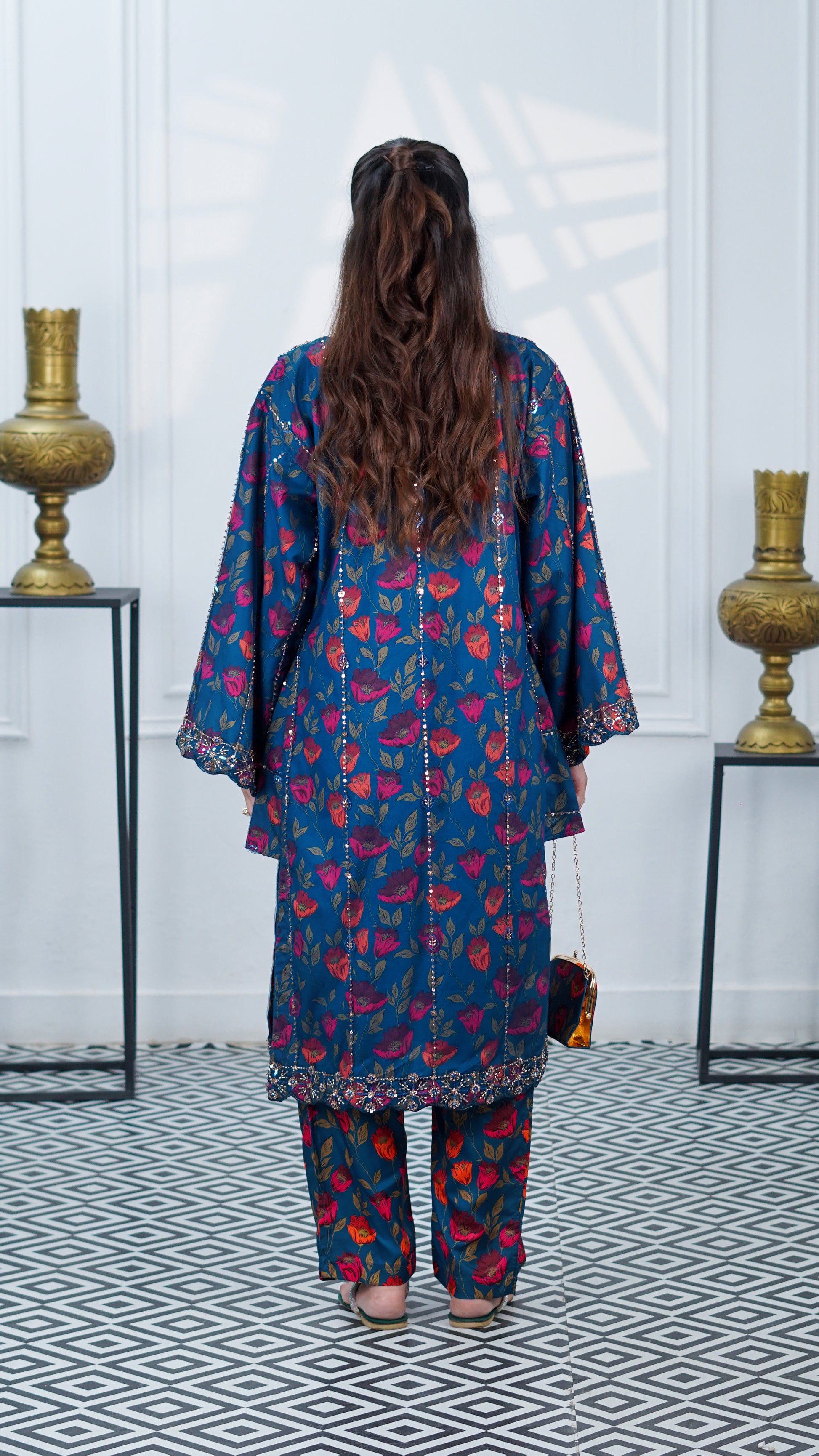 Noor-e-Daana complete luxury ensemble with embroidered kurta, trousers, dupatta and handmade clutch
