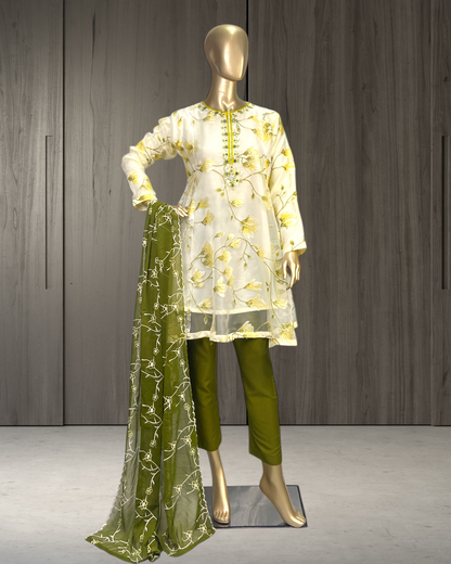 Elegant Printed Tissue Frock with Handwork Neck,  & Embroidered  Dupatta MMG-GG-730