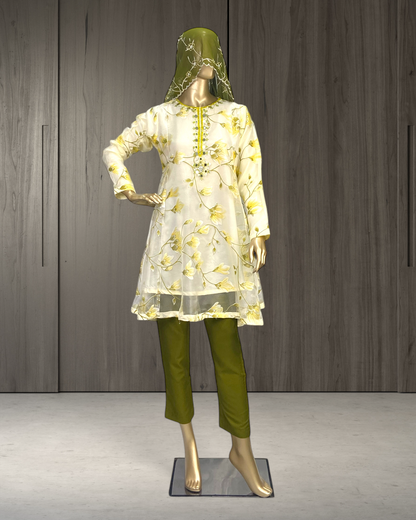 Elegant Printed Tissue Frock with Handwork Neck,  & Embroidered  Dupatta MMG-GG-730