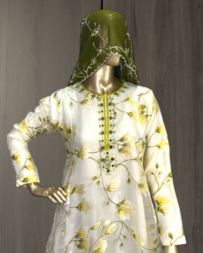 Elegant Printed Tissue Frock with Handwork Neck,  & Embroidered  Dupatta MMG-GG-730