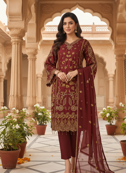 MOONLIT 3-PIECE CHIFFON EMBROIDERED SUIT MAROON MMG-786