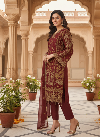 MOONLIT 3-PIECE CHIFFON EMBROIDERED SUIT MAROON MMG-786