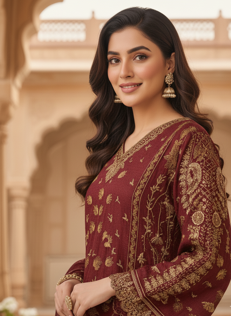 MOONLIT 3-PIECE CHIFFON EMBROIDERED SUIT MAROON MMG-786
