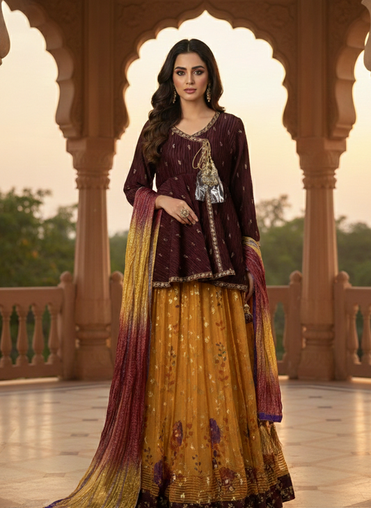 HENNA BLOOM 2 MEHNDI OUTFIT SILK CRUSH ANGRAKHA SHORT FROCK WITH LEHNGA