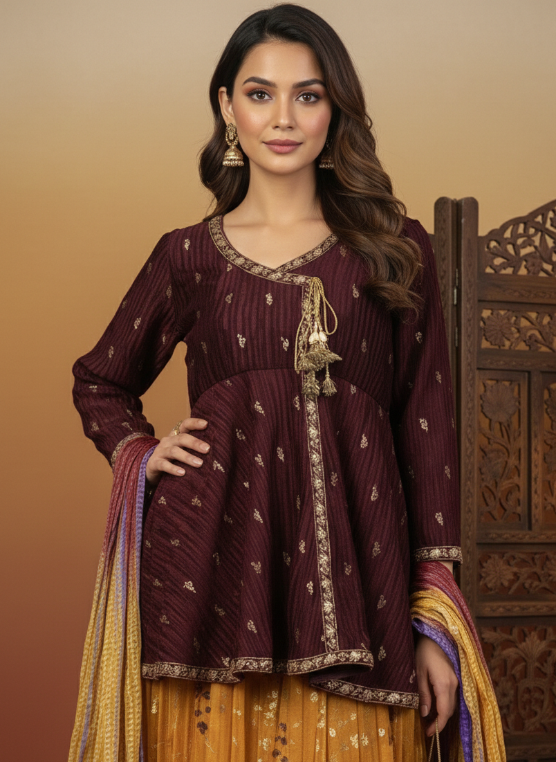 HENNA BLOOM 2 MEHNDI OUTFIT SILK CRUSH ANGRAKHA SHORT FROCK WITH LEHNGA