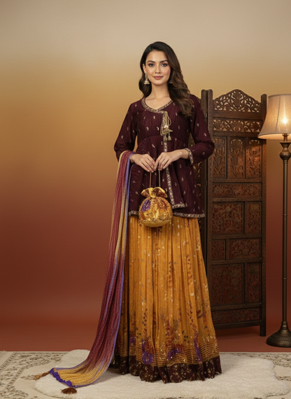 HENNA BLOOM 2 MEHNDI OUTFIT SILK CRUSH ANGRAKHA SHORT FROCK WITH LEHNGA