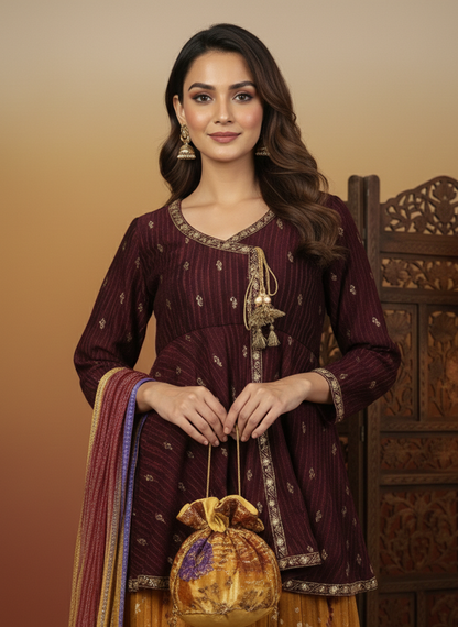 HENNA BLOOM 2 MEHNDI OUTFIT SILK CRUSH ANGRAKHA SHORT FROCK WITH LEHNGA