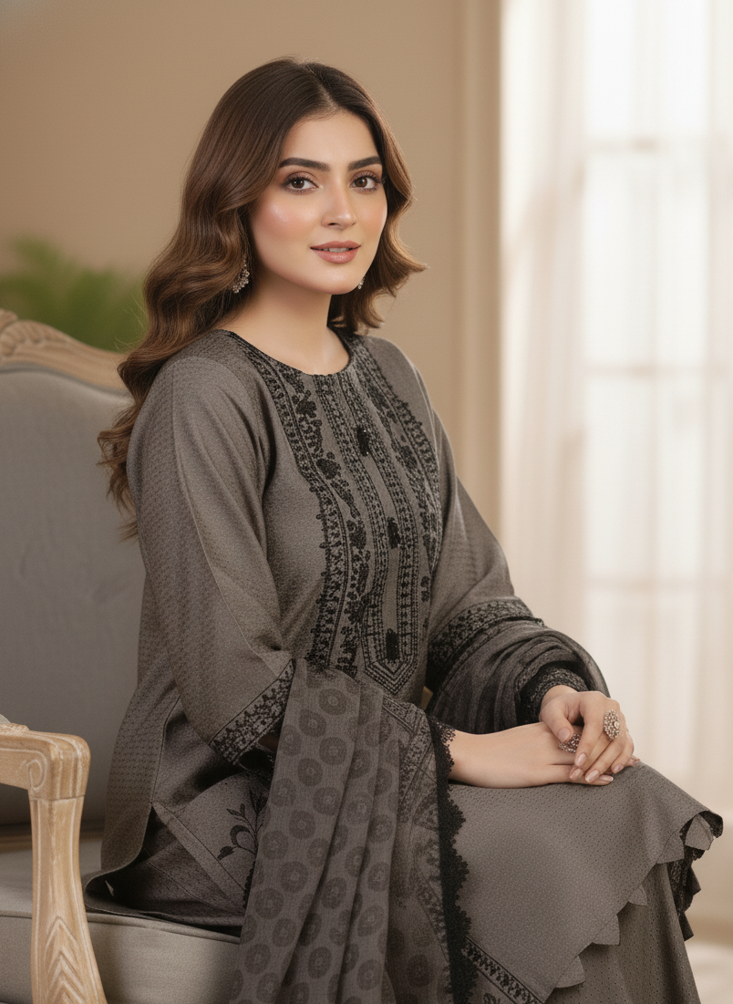 AGOSH GLAMOUR|3-PIECE EMBROIDERED KURTA SET GREY MMG-963