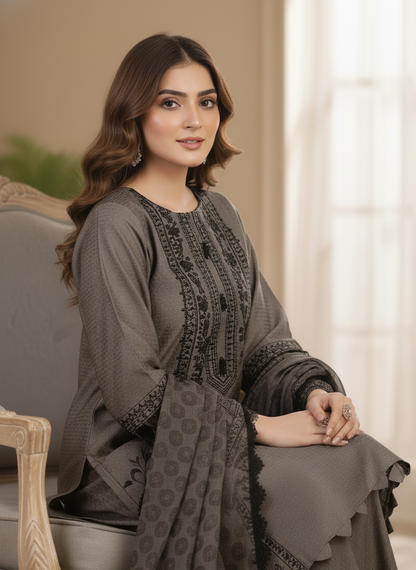 AGOSH GLAMOUR|3-PIECE EMBROIDERED KURTA SET GREY MMG-963
