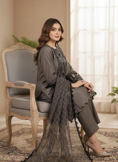 AGOSH GLAMOUR|3-PIECE EMBROIDERED KURTA SET GREY MMG-963