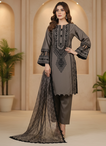 AGOSH GLAMOUR|3-PIECE EMBROIDERED KURTA SET GREY MMG-963