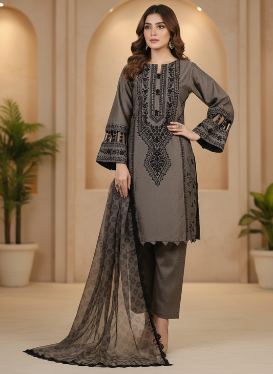 AGOSH GLAMOUR|3-PIECE EMBROIDERED KURTA SET GREY MMG-963