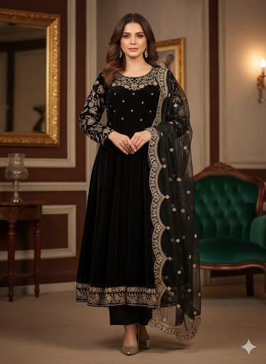 VELVET LONG FROCK MAXI BLACK