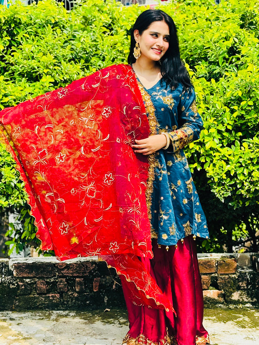 ZEENAT ANGRAKHA EMBROIDERED FROCK|SILK EMBROIDERED FLAPPER|CHIFFON EMBROIDERED DUPATTA MMG-856