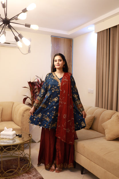 ZEENAT ANGRAKHA EMBROIDERED FROCK|SILK EMBROIDERED FLAPPER|CHIFFON EMBROIDERED DUPATTA MMG-856