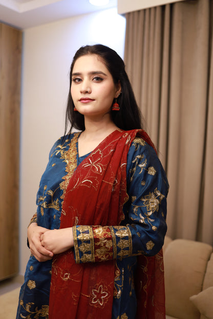 ZEENAT ANGRAKHA EMBROIDERED FROCK|SILK EMBROIDERED FLAPPER|CHIFFON EMBROIDERED DUPATTA MMG-856