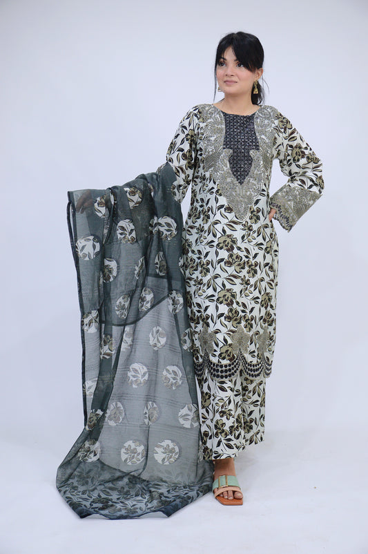 COMMANDO PRINTED|3-PIECE STAPLE PRINTED SHIRT WITH SITARA WORK|PRINTED TROUSER|MONAR PRINTED DUPATTA MMG-1051