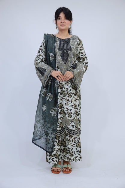 COMMANDO PRINTED|3-PIECE STAPLE PRINTED SHIRT WITH SITARA WORK|PRINTED TROUSER|MONAR PRINTED DUPATTA MMG-1051