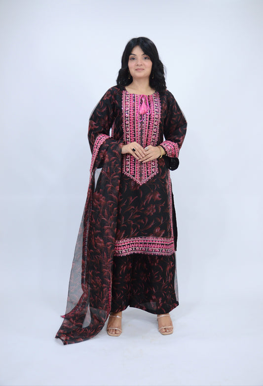 APPLE SILK DIGITAL PRINTED ORGANZA 3-PIECE EMBROIDERED SEQUENCE WORK|EMBROIDERED DAMAN PATTI|PRINTED FLAPPER|PRINTED DUPATTA WITH EMBROIDERED BORDER MMG-1053
