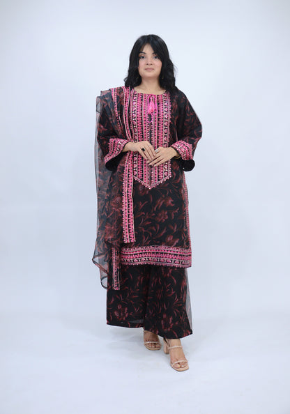 APPLE SILK DIGITAL PRINTED ORGANZA 3-PIECE EMBROIDERED SEQUENCE WORK|EMBROIDERED DAMAN PATTI|PRINTED FLAPPER|PRINTED DUPATTA WITH EMBROIDERED BORDER MMG-1053