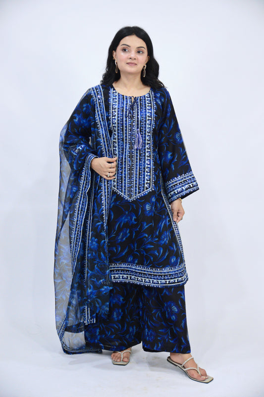 APPLE SILK DIGITAL PRINTED ORGANZA 3-PIECE EMBROIDERED SEQUENCE WORK|EMBROIDERED DAMAN PATTI|PRINTED FLAPPER|PRINTED DUPATTA WITH EMBROIDERED DUPATTA MMG-1053