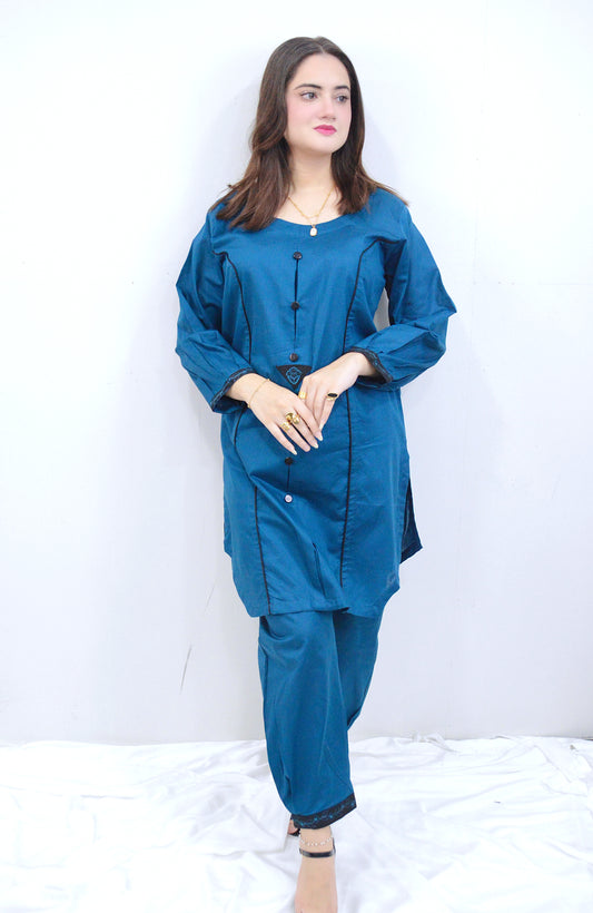 CASUAL GLOW|2-PIECE DORIA COTTON SHIRT WITH TUSSELS & EMBROIDERED BACK BUNCH|PLAIN ELEGANT TROUSER MMG-1042