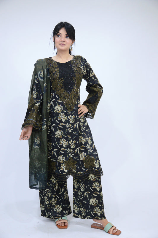 COMMANDO PRINTED|3-PIECE STAPLE PRINTED SHIRT WITH SITARA WORK|PRINTED TROUSER|MONAR PRINTED DUPATTA MMG-1051
