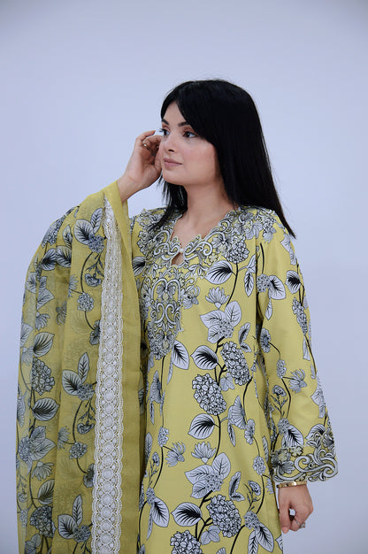 NOORAIN|3-PIECE DIGITAL STAPLE PRINTED SHIRT WITH EMBROIDERED CUTWORK|PRINTED CUTWORK FLAPPER|SILK PRINTED DUPATTA WITH BORDER MMG-1057