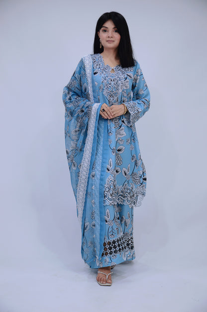 NOORAIN|3-PIECE DIGITAL STAPLE PRINTED SHIRT WITH EMBROIDERED CUTWORK|PRINTED CUTWORK FLAPPER|SILK PRINTED DUPATTA WITH BORDER MMG-1057