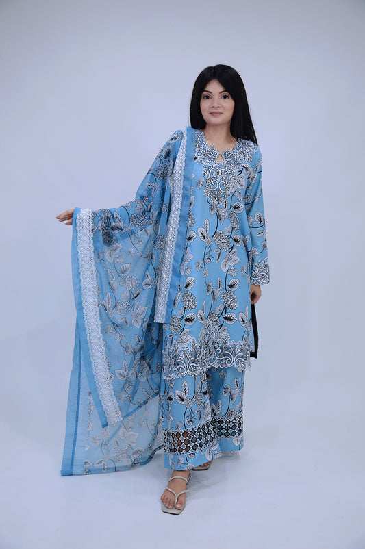 NOORAIN|3-PIECE DIGITAL STAPLE PRINTED SHIRT WITH EMBROIDERED CUTWORK|PRINTED CUTWORK FLAPPER|SILK PRINTED DUPATTA WITH BORDER MMG-1057