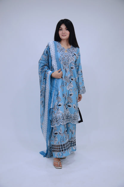 NOORAIN|3-PIECE DIGITAL STAPLE PRINTED SHIRT WITH EMBROIDERED CUTWORK|PRINTED CUTWORK FLAPPER|SILK PRINTED DUPATTA WITH BORDER MMG-1057
