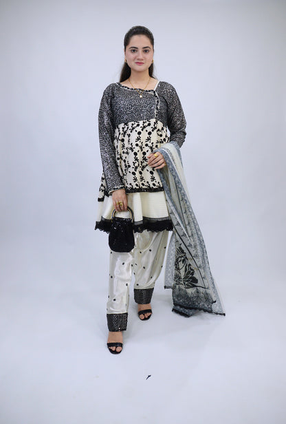 DOUBLE D-FROCK WITH SEQUENCE SITARA WORK|FARSI EMBROIDERED SHALWAR|SILK CHIFFON DUPATTA MMG-1015