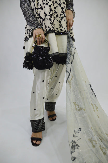 DOUBLE D-FROCK WITH SEQUENCE SITARA WORK|FARSI EMBROIDERED SHALWAR|SILK CHIFFON DUPATTA MMG-1015