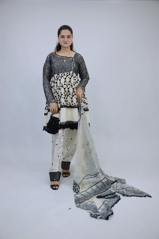 DOUBLE D-FROCK WITH SEQUENCE SITARA WORK|FARSI EMBROIDERED SHALWAR|SILK CHIFFON DUPATTA MMG-1015