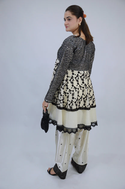 DOUBLE D-FROCK WITH SEQUENCE SITARA WORK|FARSI EMBROIDERED SHALWAR|SILK CHIFFON DUPATTA MMG-1015