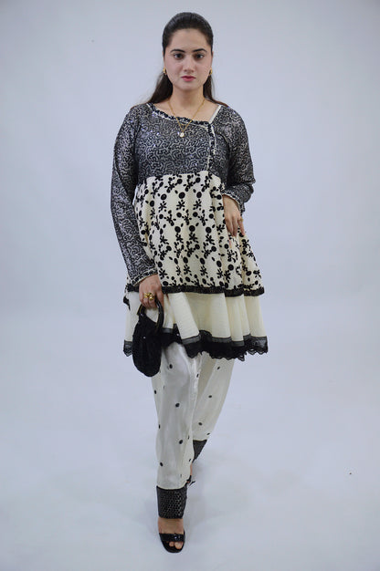 DOUBLE D-FROCK WITH SEQUENCE SITARA WORK|FARSI EMBROIDERED SHALWAR|SILK CHIFFON DUPATTA MMG-1015