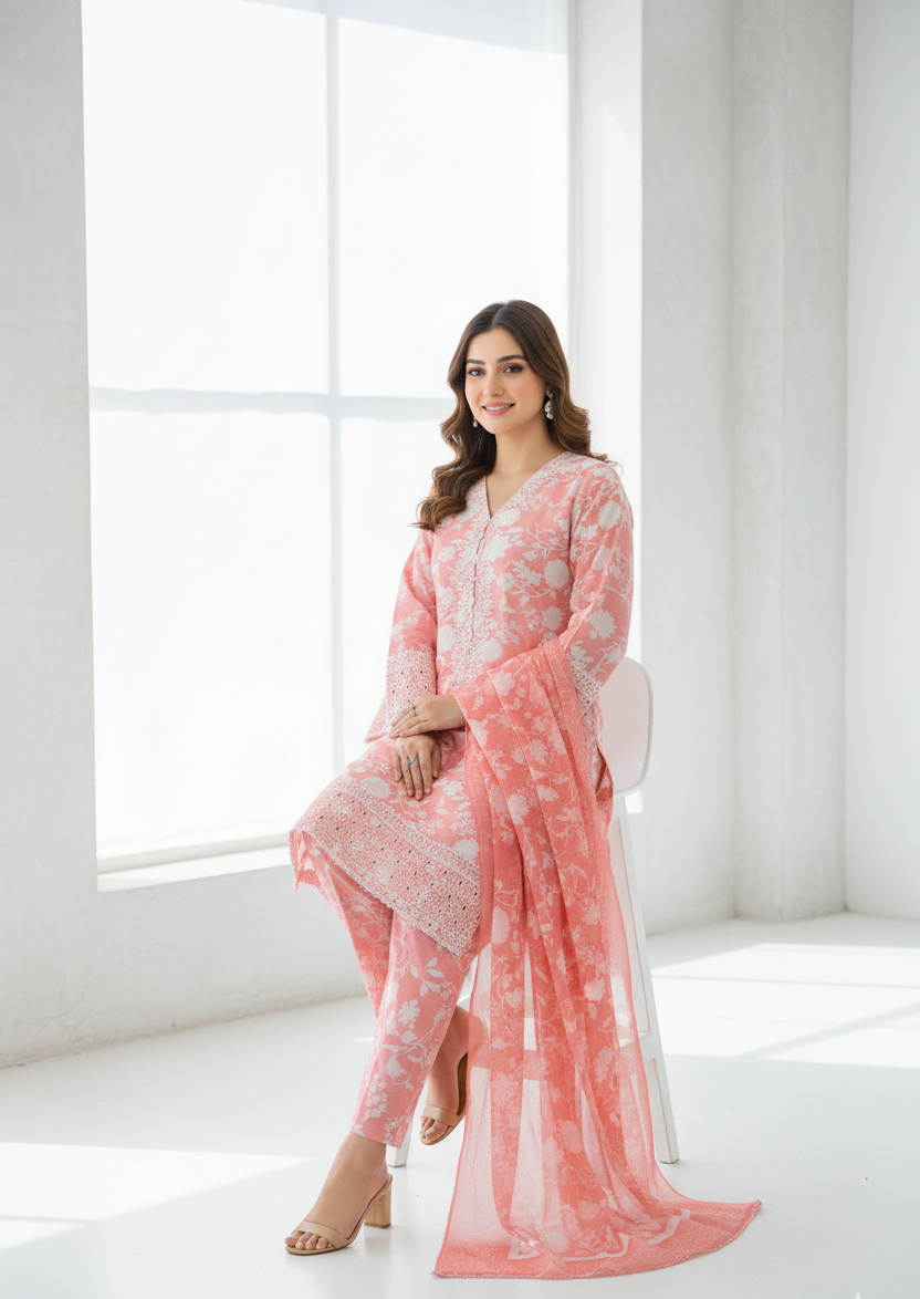 ANARKALI|3-PIECE DIGITAL PRINTED BOSKI SWISS & EMBROIDERED KURTA SET MMG-1068