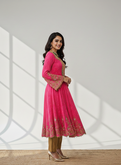 AMIRA|3-PIECE CHIFFON EMBROIDERED FROCK PINK MMG-844