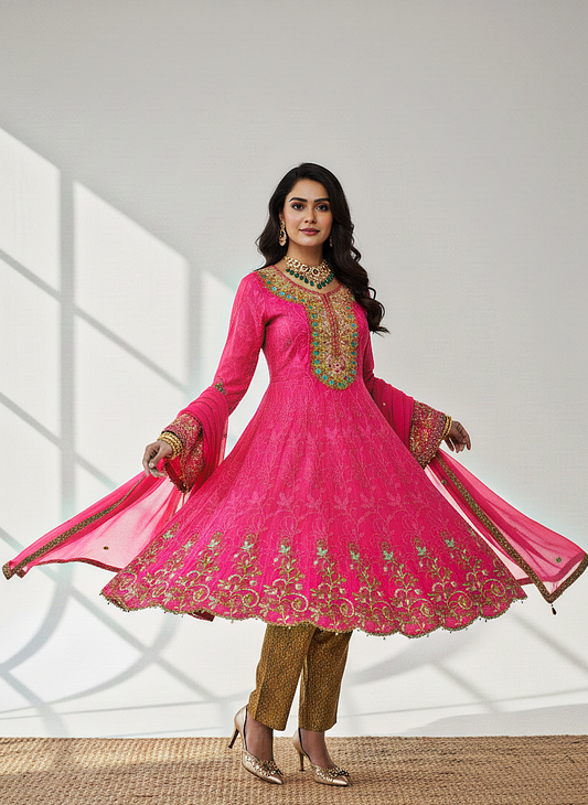 AMIRA|3-PIECE CHIFFON EMBROIDERED FROCK PINK MMG-844