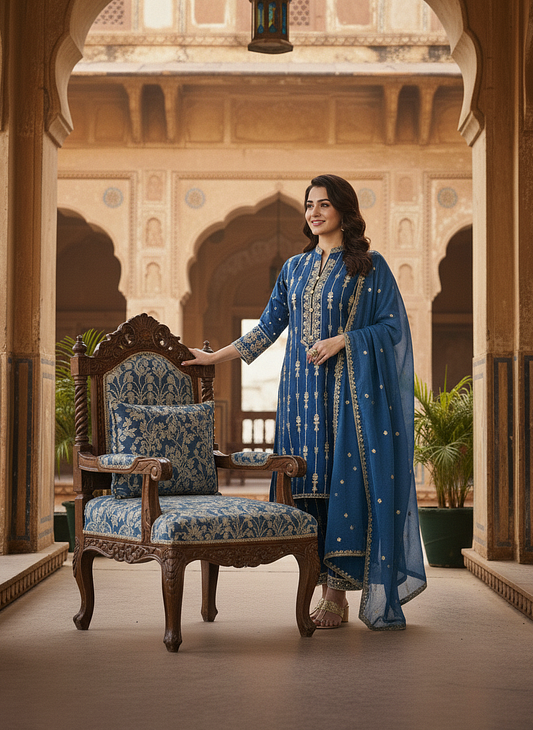 MAJESTIC WINTER ELEGANCE|3-PIECE KHADDAR EMBROIDERED SUIT PACIFIC BLUE MMG-814