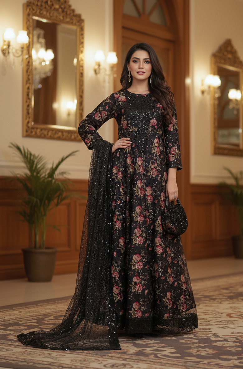 REGAL GLOW SEQUINE NET LONG MAXI WITH POTLI SET MMG-866