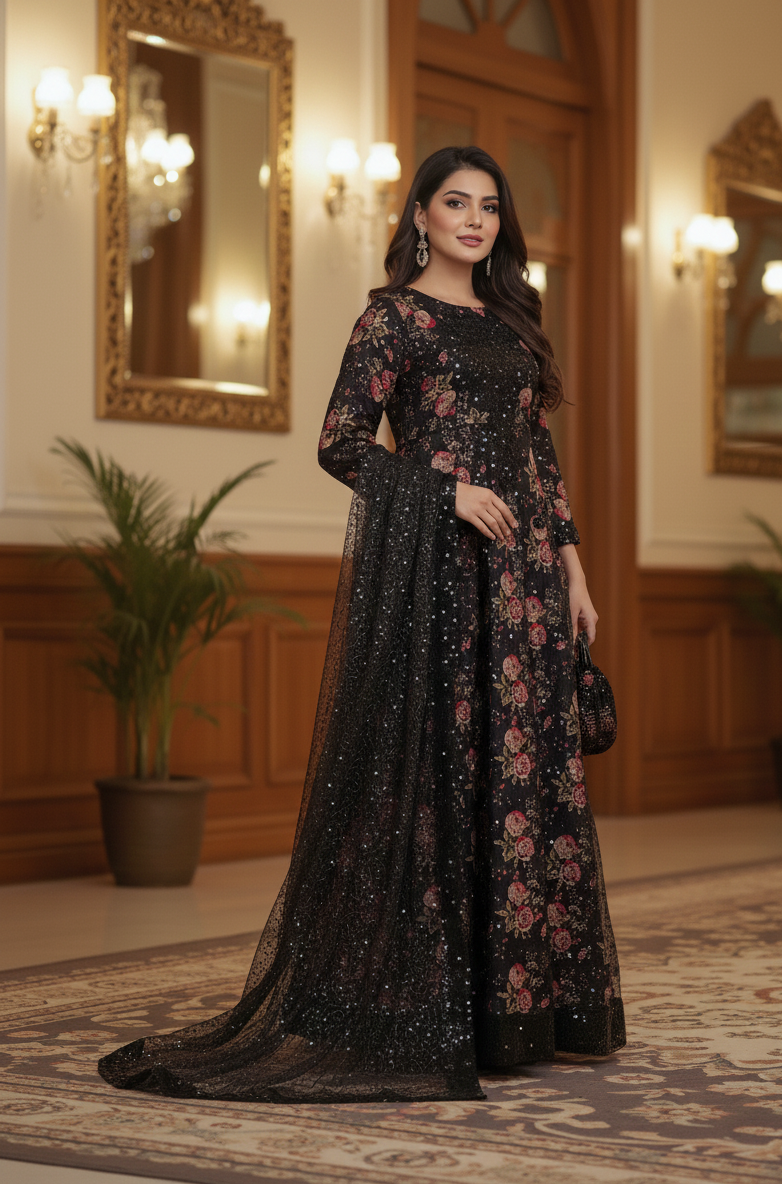 REGAL GLOW SEQUINE NET LONG MAXI WITH POTLI SET MMG-866