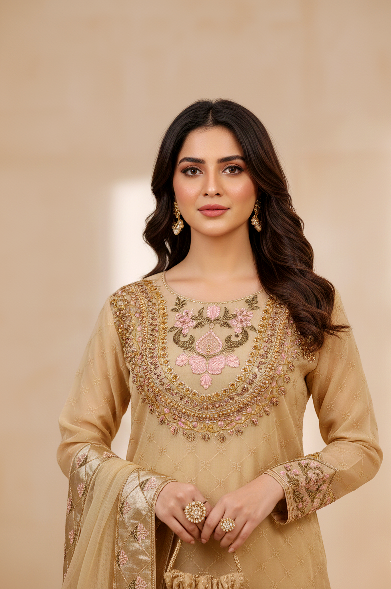 Noor-e-Naz ORGANZA LEHNGA CHOLI EMROIDERED NET DUPATTA MMG-781