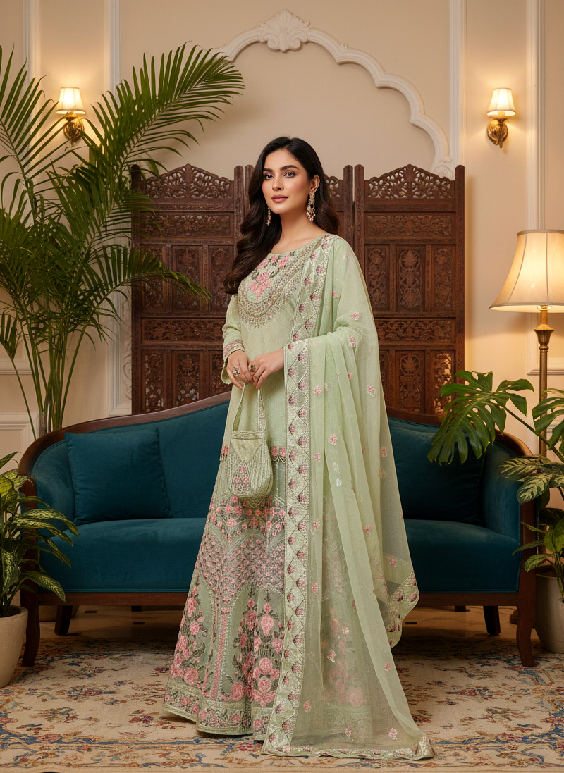 Noor-e-Naz ORGANZA LEHNGA CHOLI EMROIDERED NET DUPATTA MMG-781