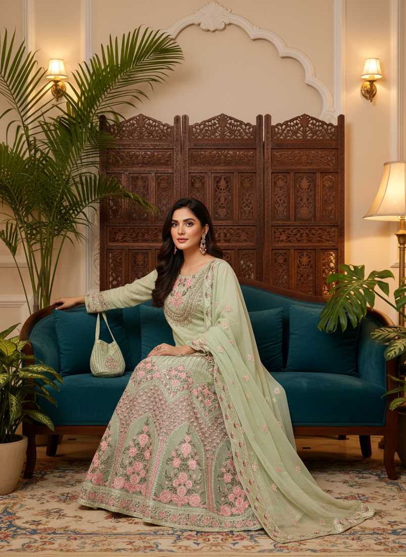 Noor-e-Naz ORGANZA LEHNGA CHOLI EMROIDERED NET DUPATTA MMG-781