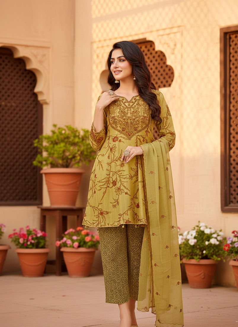 SILK TISSUE EMB FROCK SET MMG-873