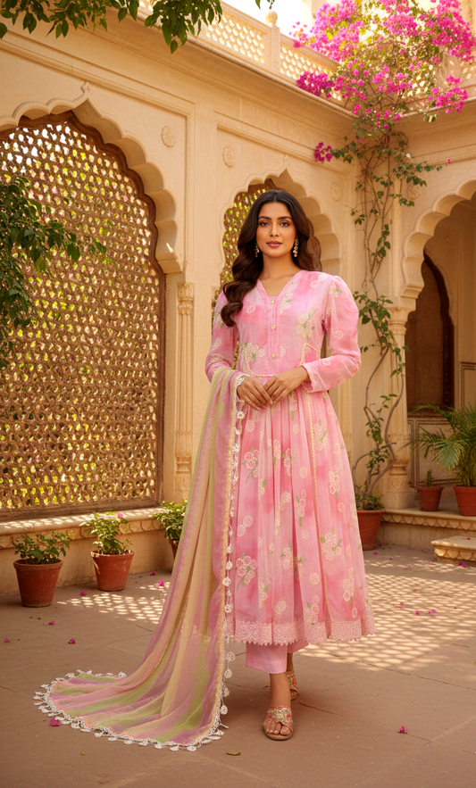 DIGITAL PRINTED SILK CHIFFON EMBROIDERED FROCK SET